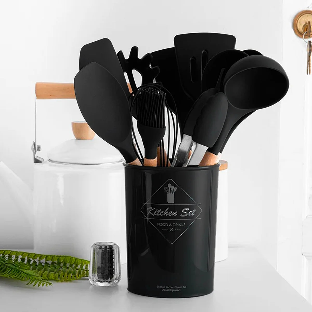 Jogo Kit com 12 Peças, Utensílios De Cozinha, Colheres, Espátula Silicone Com Cabo de Madeira, Decoração Diversas Cores