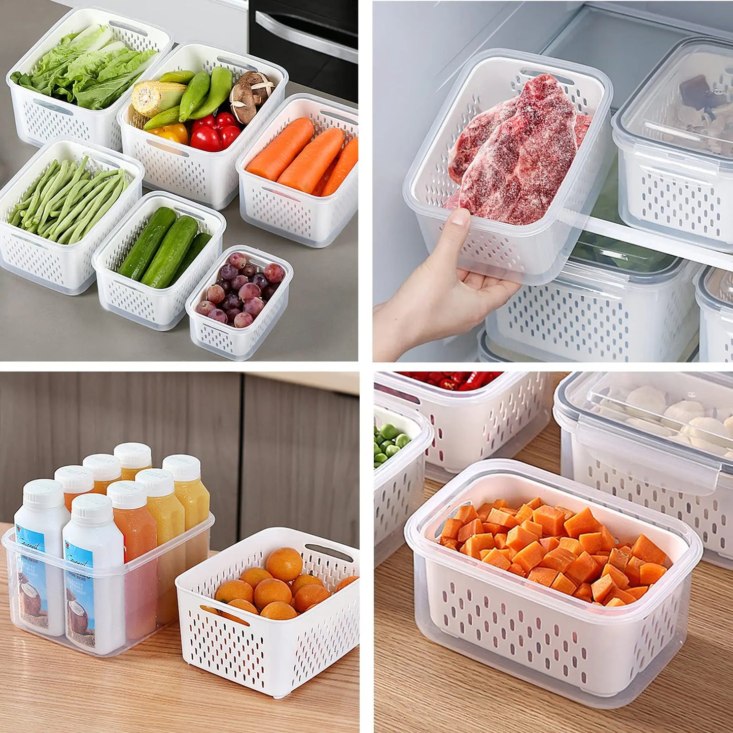 Conjunto de recipiente de armazenamento de alimentos para geladeira, 3 pacotes com tampas com filtro