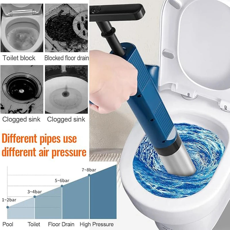 Desentupidor, poderoso êmbolo de vaso sanitário, tubo de aço inoxidável, desbloqueador pneumático de alta pressão, drenagem de ar, conjunto de ferramentas blaster