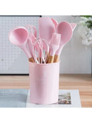 Jogo Kit com 12 Peças, Utensílios De Cozinha, Colheres, Espátula Silicone Com Cabo de Madeira, Decoração Diversas Cores