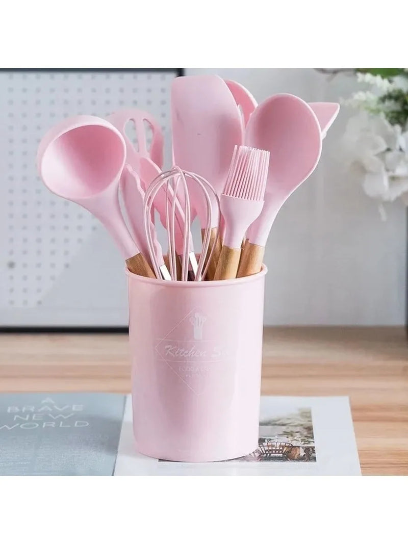 Jogo Kit com 12 Peças, Utensílios De Cozinha, Colheres, Espátula Silicone Com Cabo de Madeira, Decoração Diversas Cores