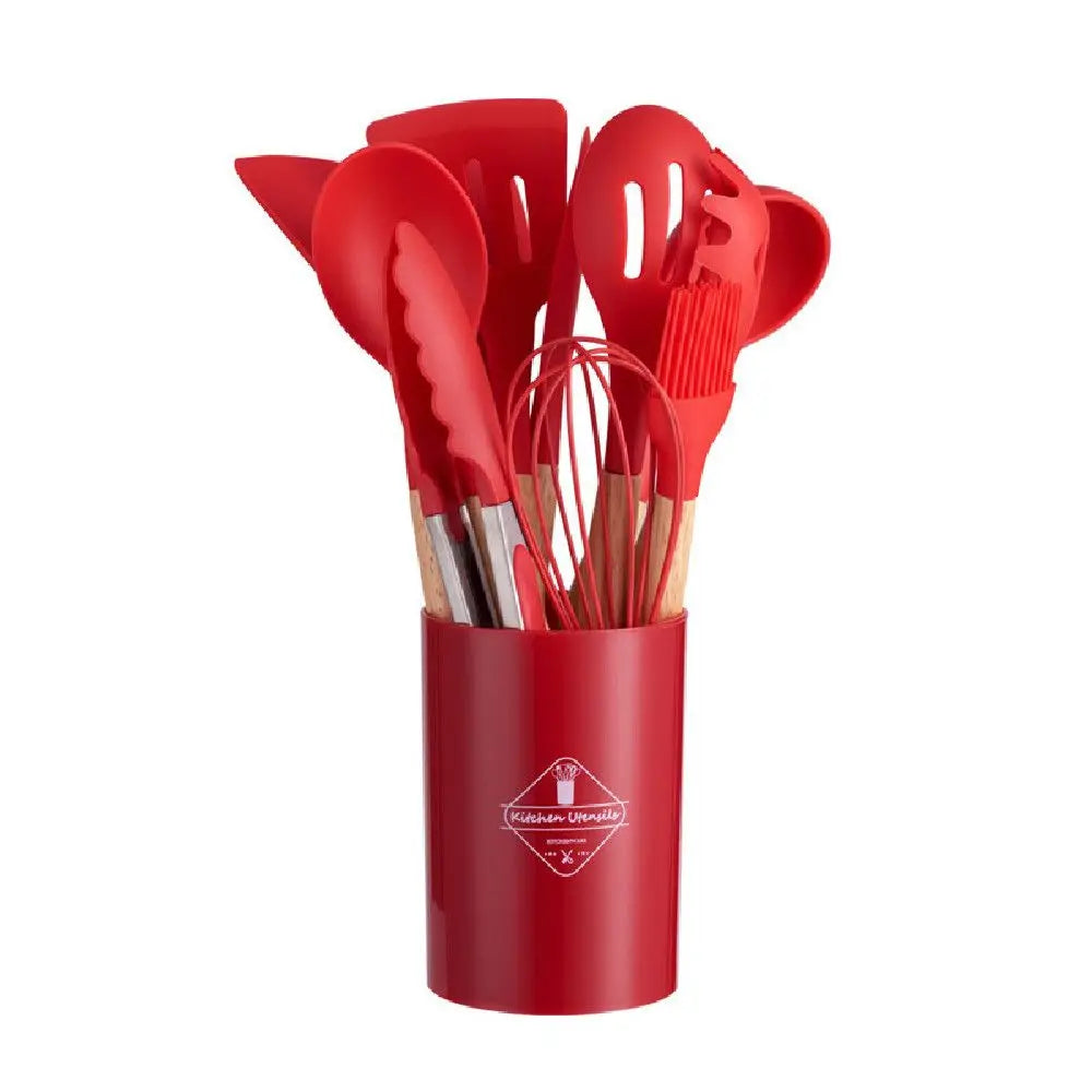 Jogo Kit com 12 Peças, Utensílios De Cozinha, Colheres, Espátula Silicone Com Cabo de Madeira, Decoração Diversas Cores