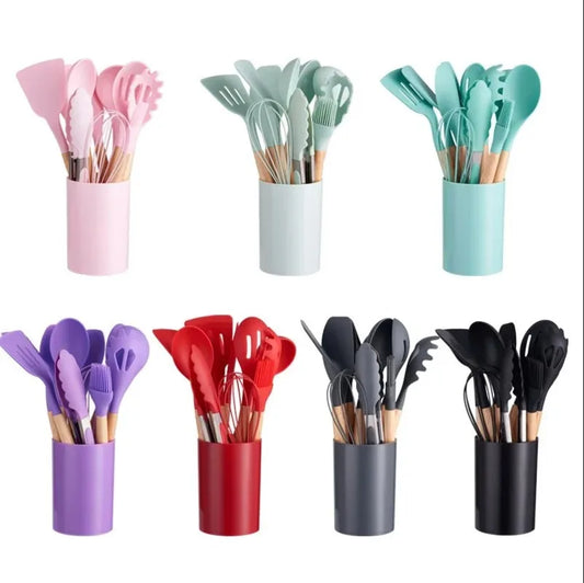 Jogo Kit com 12 Peças, Utensílios De Cozinha, Colheres, Espátula Silicone Com Cabo de Madeira, Decoração Diversas Cores