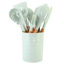 Jogo Kit com 12 Peças, Utensílios De Cozinha, Colheres, Espátula Silicone Com Cabo de Madeira, Decoração Diversas Cores