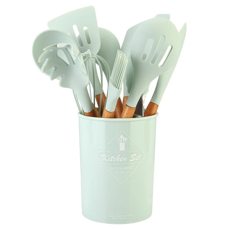 Jogo Kit com 12 Peças, Utensílios De Cozinha, Colheres, Espátula Silicone Com Cabo de Madeira, Decoração Diversas Cores