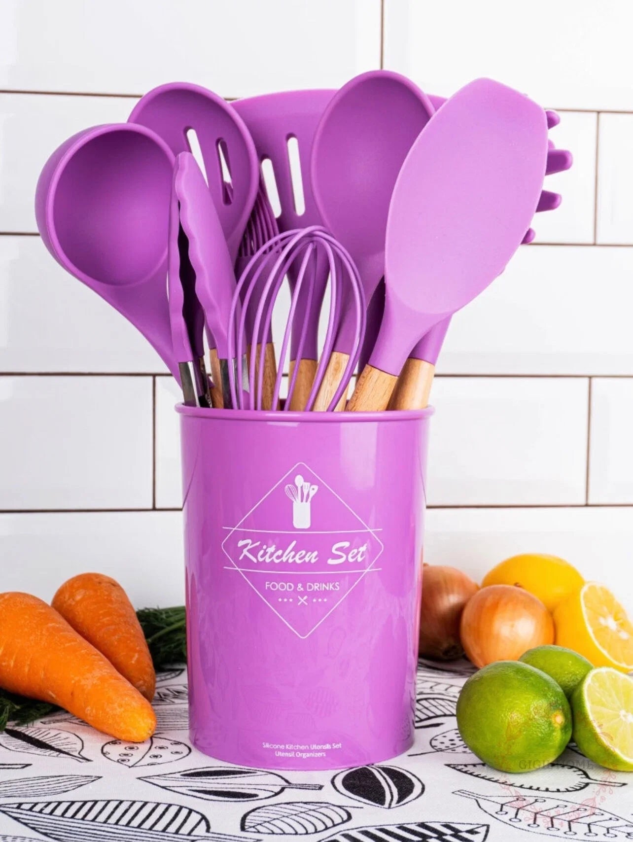 Jogo Kit com 12 Peças, Utensílios De Cozinha, Colheres, Espátula Silicone Com Cabo de Madeira, Decoração Diversas Cores