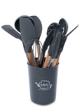 Jogo Kit com 12 Peças, Utensílios De Cozinha, Colheres, Espátula Silicone Com Cabo de Madeira, Decoração Diversas Cores