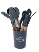 Jogo Kit com 12 Peças, Utensílios De Cozinha, Colheres, Espátula Silicone Com Cabo de Madeira, Decoração Diversas Cores