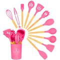 Jogo Kit com 12 Peças, Utensílios De Cozinha, Colheres, Espátula Silicone Com Cabo de Madeira, Decoração Diversas Cores
