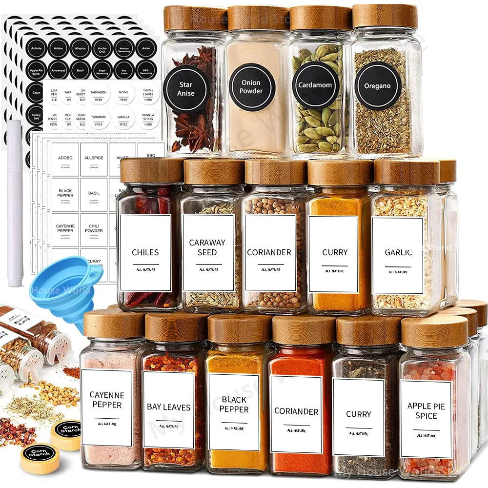 Frascos de vidro com tampas de bambu, conjunto tempero frascos, organizador, garrafas de armazenamento
