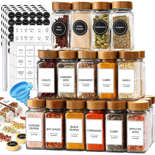 Frascos de vidro com tampas de bambu, conjunto tempero frascos, organizador, garrafas de armazenamento