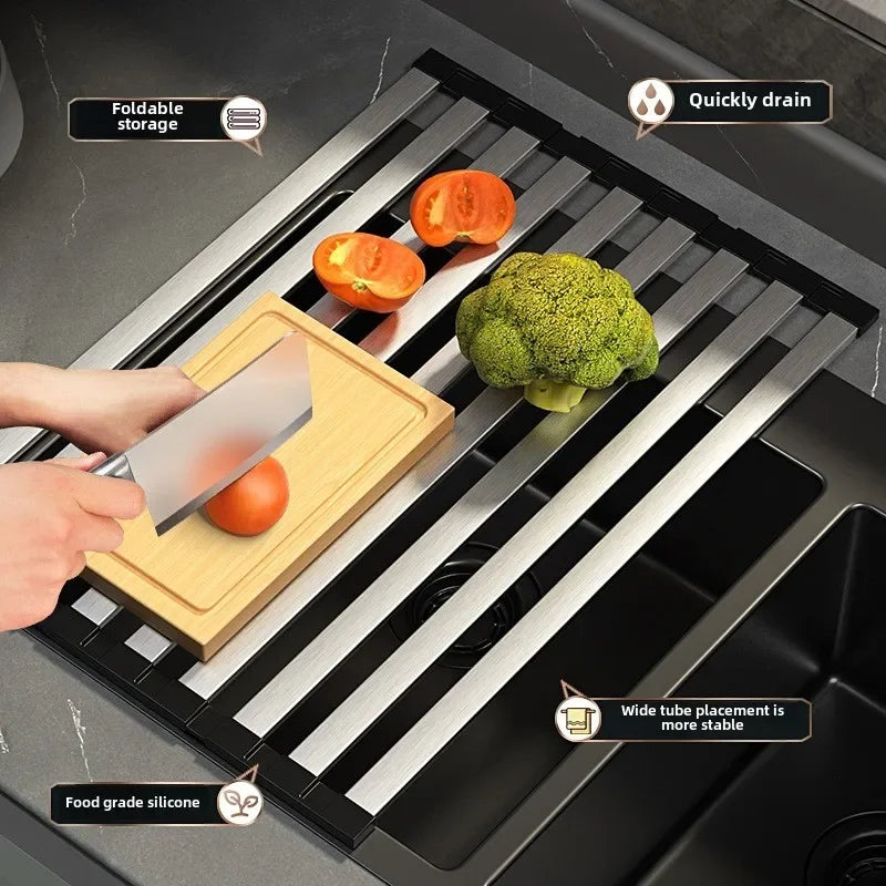 Rack de drenagem de pia de cozinha em aço inoxidável 304, tigela de pia e rack de armazenamento de pratos, cesta de drenagem dobrável e retrátil