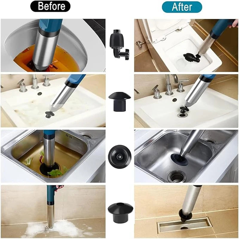 Desentupidor, poderoso êmbolo de vaso sanitário, tubo de aço inoxidável, desbloqueador pneumático de alta pressão, drenagem de ar, conjunto de ferramentas blaster