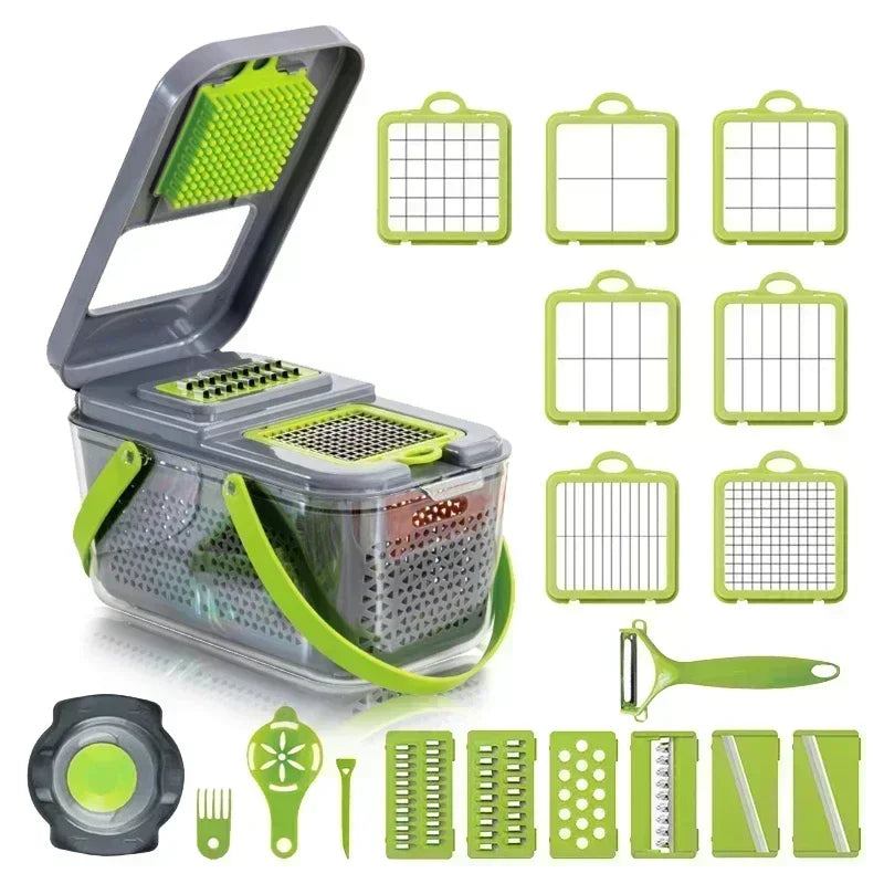 Cortador de vegetais multifuncional em 1, picador manual de alimentos, triturador de batata, fatiador de vegetais com recipiente, aparelho de cozinha
