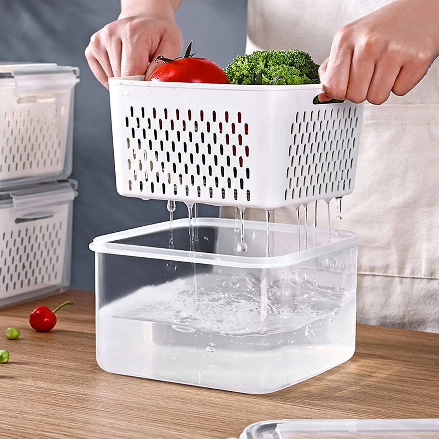 Conjunto de recipiente de armazenamento de alimentos para geladeira, 3 pacotes com tampas com filtro