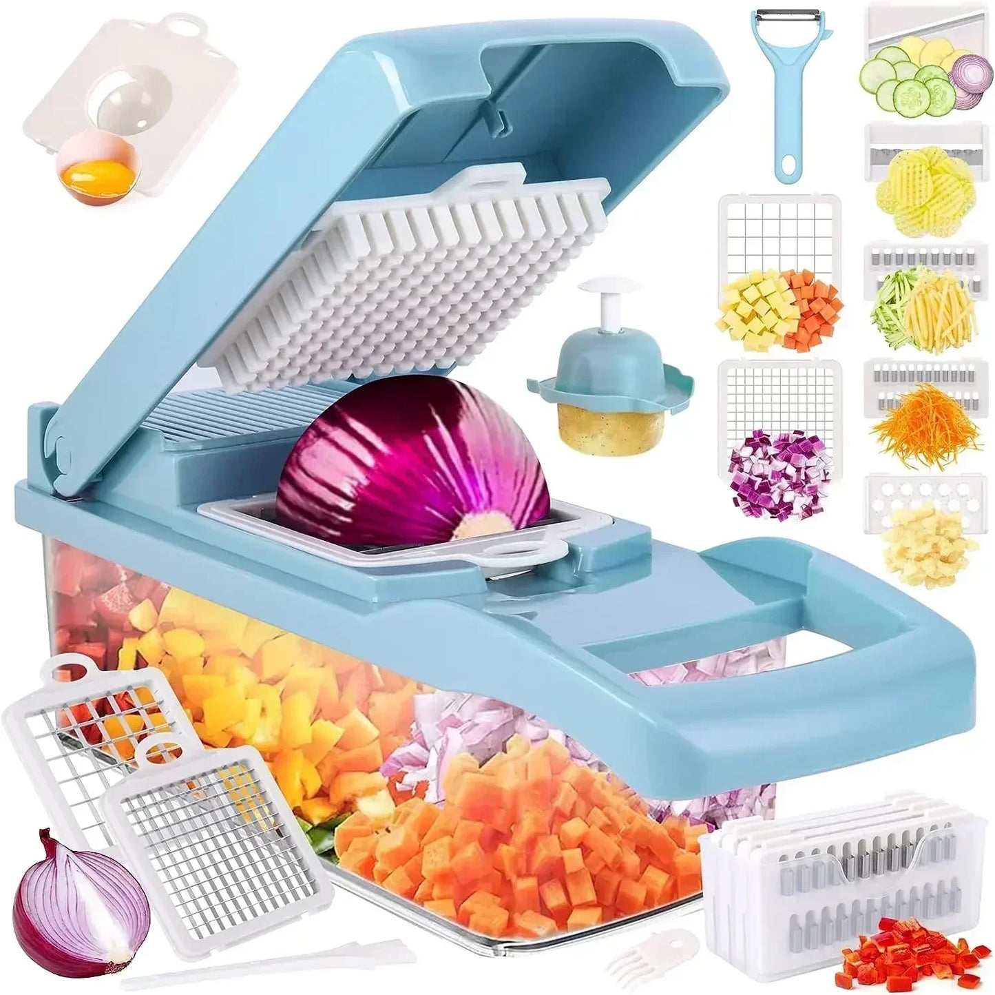 Cortador de vegetais multifuncional em 1, picador manual de alimentos, triturador de batata, fatiador de vegetais com recipiente, aparelho de cozinha