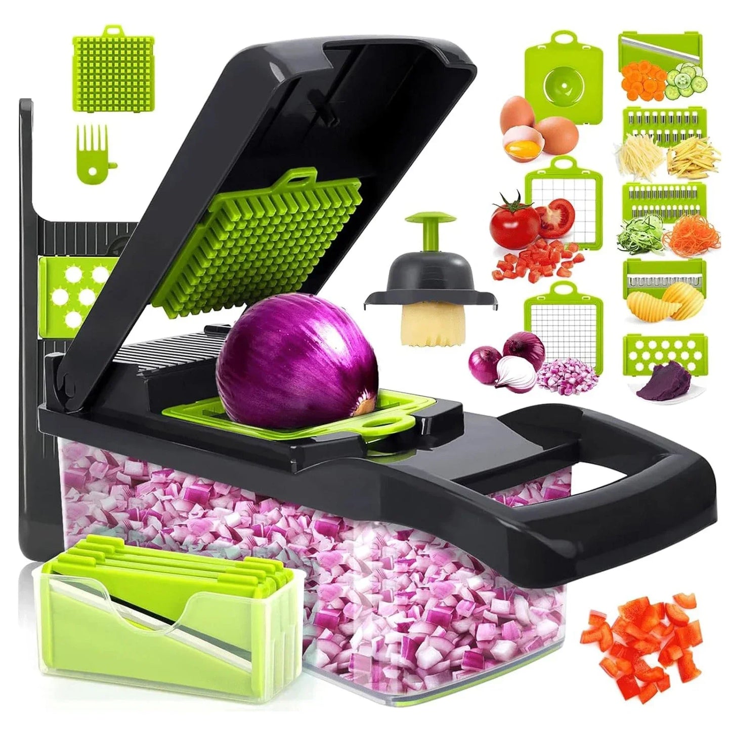 Cortador de vegetais multifuncional em 1, picador manual de alimentos, triturador de batata, fatiador de vegetais com recipiente, aparelho de cozinha