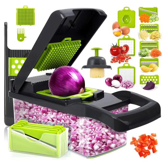 Cortador de vegetais multifuncional em 1, picador manual de alimentos, triturador de batata, fatiador de vegetais com recipiente, aparelho de cozinha