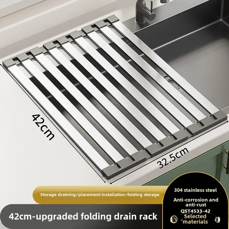 Rack de drenagem de pia de cozinha em aço inoxidável 304, tigela de pia e rack de armazenamento de pratos, cesta de drenagem dobrável e retrátil