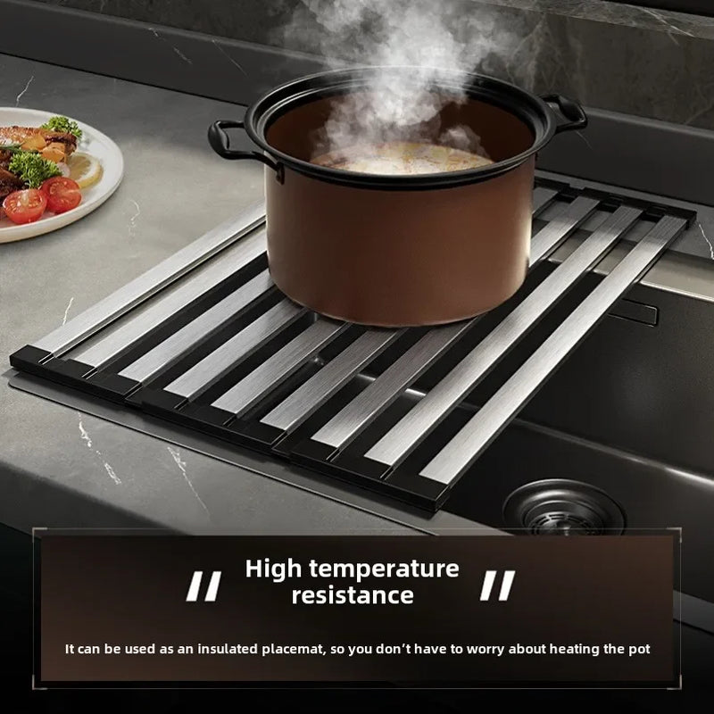 Rack de drenagem de pia de cozinha em aço inoxidável 304, tigela de pia e rack de armazenamento de pratos, cesta de drenagem dobrável e retrátil