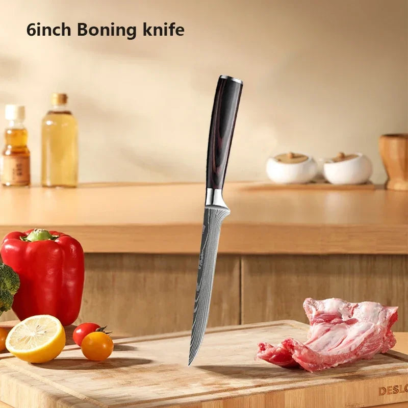 Facas de cozinha, Damasco faca do chef, conjunto profissional desossa, faca cutelo, faca utilitária japonês santoku, faca com capa