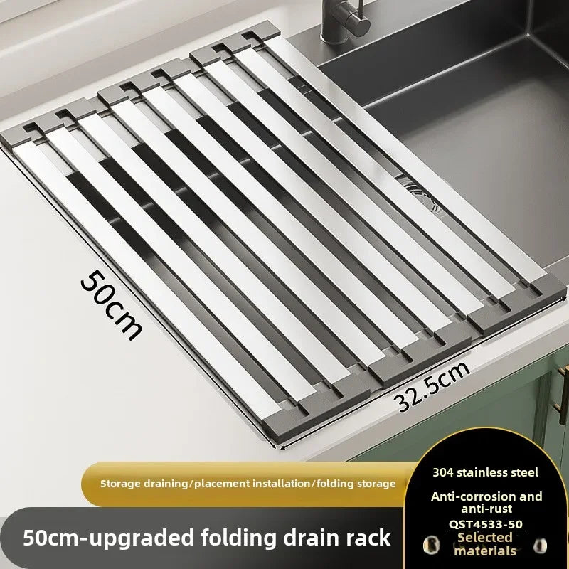 Rack de drenagem de pia de cozinha em aço inoxidável 304, tigela de pia e rack de armazenamento de pratos, cesta de drenagem dobrável e retrátil