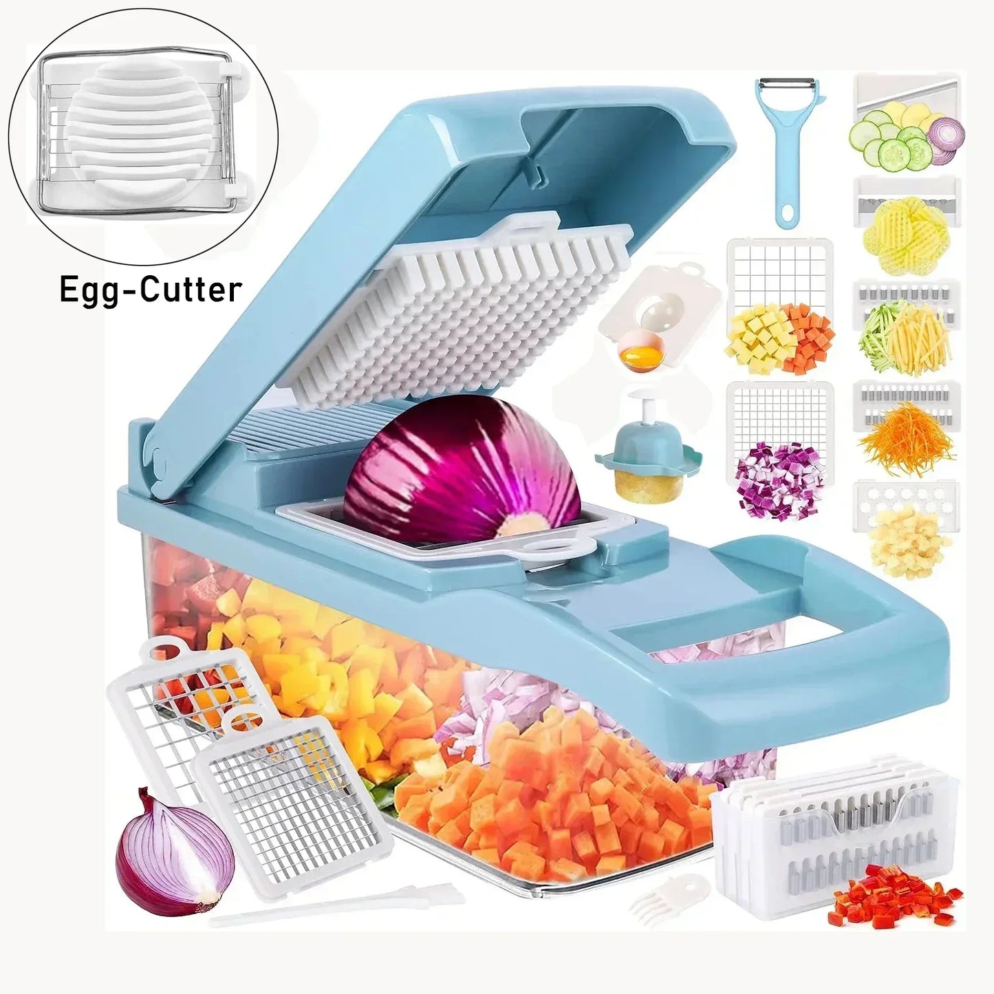 Cortador de vegetais multifuncional em 1, picador manual de alimentos, triturador de batata, fatiador de vegetais com recipiente, aparelho de cozinha
