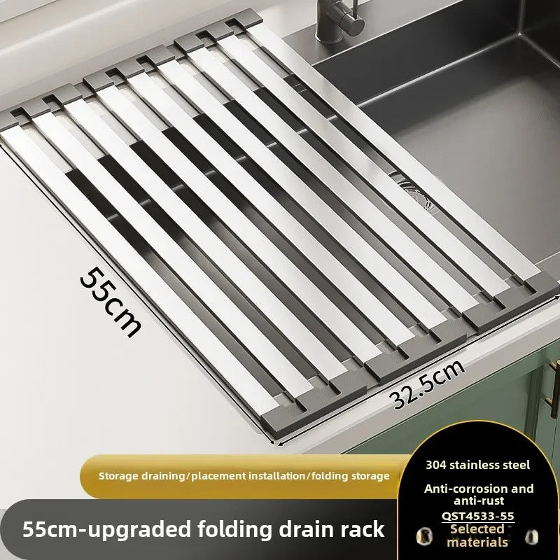 Rack de drenagem de pia de cozinha em aço inoxidável 304, tigela de pia e rack de armazenamento de pratos, cesta de drenagem dobrável e retrátil
