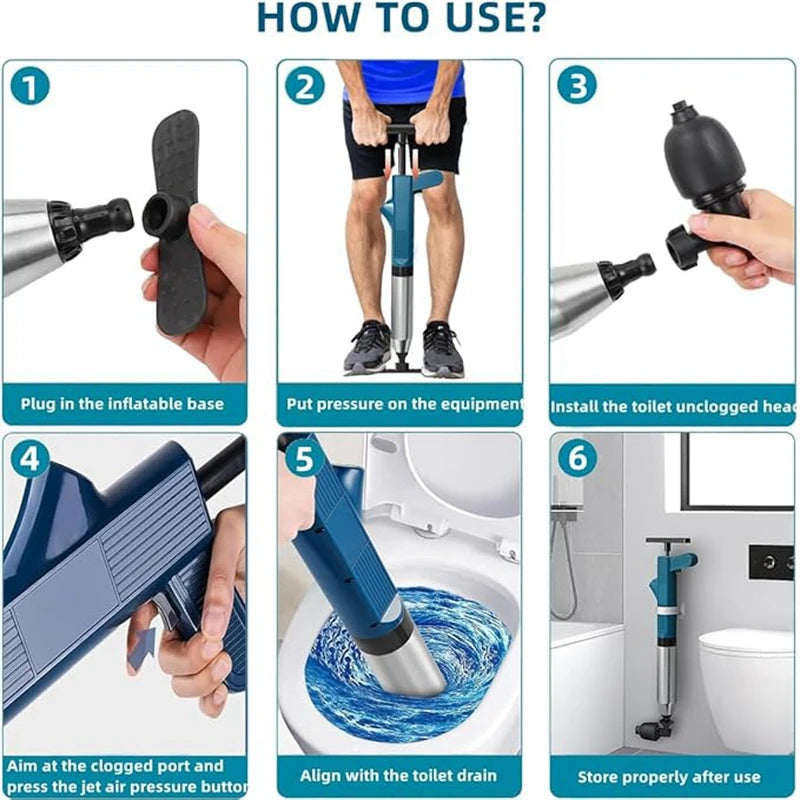 Desentupidor, poderoso êmbolo de vaso sanitário, tubo de aço inoxidável, desbloqueador pneumático de alta pressão, drenagem de ar, conjunto de ferramentas blaster
