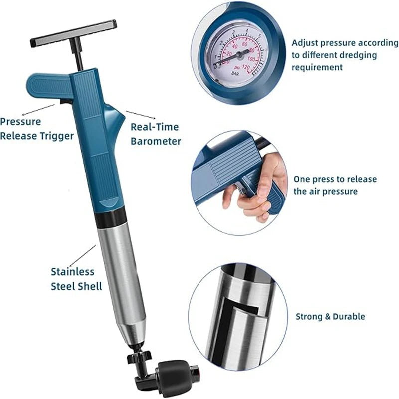 Desentupidor, poderoso êmbolo de vaso sanitário, tubo de aço inoxidável, desbloqueador pneumático de alta pressão, drenagem de ar, conjunto de ferramentas blaster