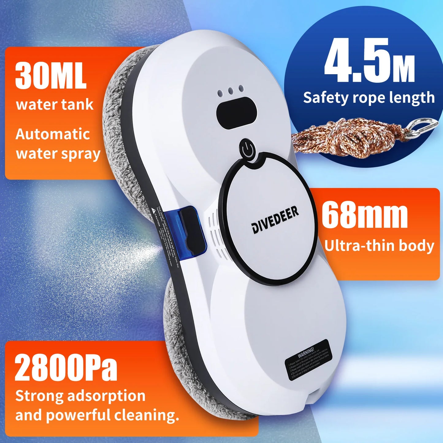 DIVEDEER robô de limpeza de janelas 5600PA grande sucção spray elétrico robô de limpeza de janelas prevenção de queda limpador remoto
