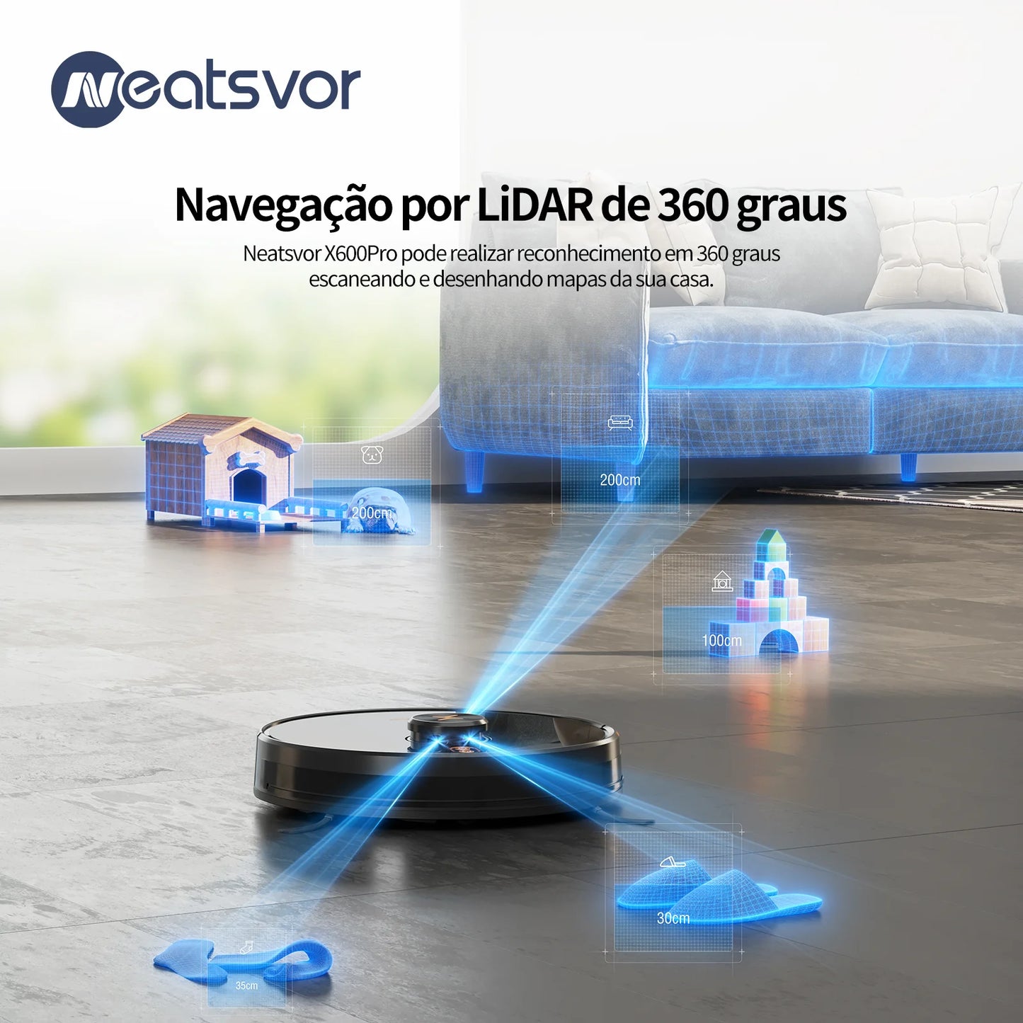 Robô Aspirador de Pó Neatsvor X600Pro com Mapeamento Inteligente, 6000Pa, Limpeza com Aspiração e Esfregão, 10 Mapas, Recarga Automática, Parede Virtual, 5200mAh, Bivolt