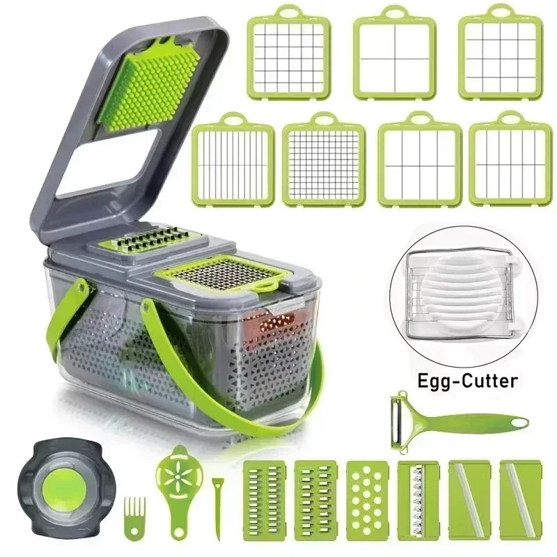Cortador de vegetais multifuncional em 1, picador manual de alimentos, triturador de batata, fatiador de vegetais com recipiente, aparelho de cozinha