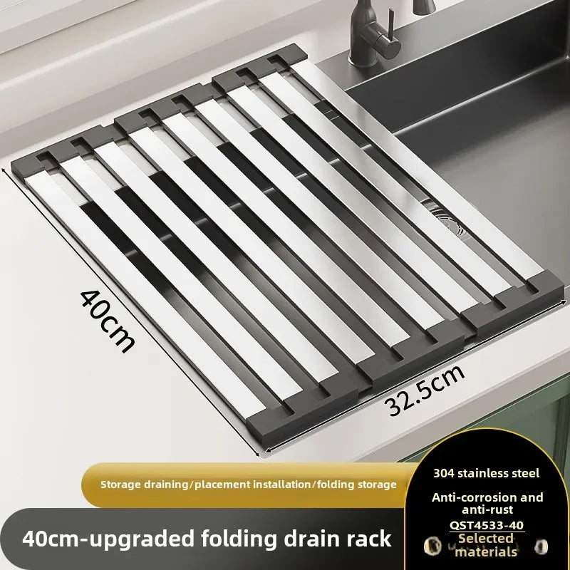 Rack de drenagem de pia de cozinha em aço inoxidável 304, tigela de pia e rack de armazenamento de pratos, cesta de drenagem dobrável e retrátil