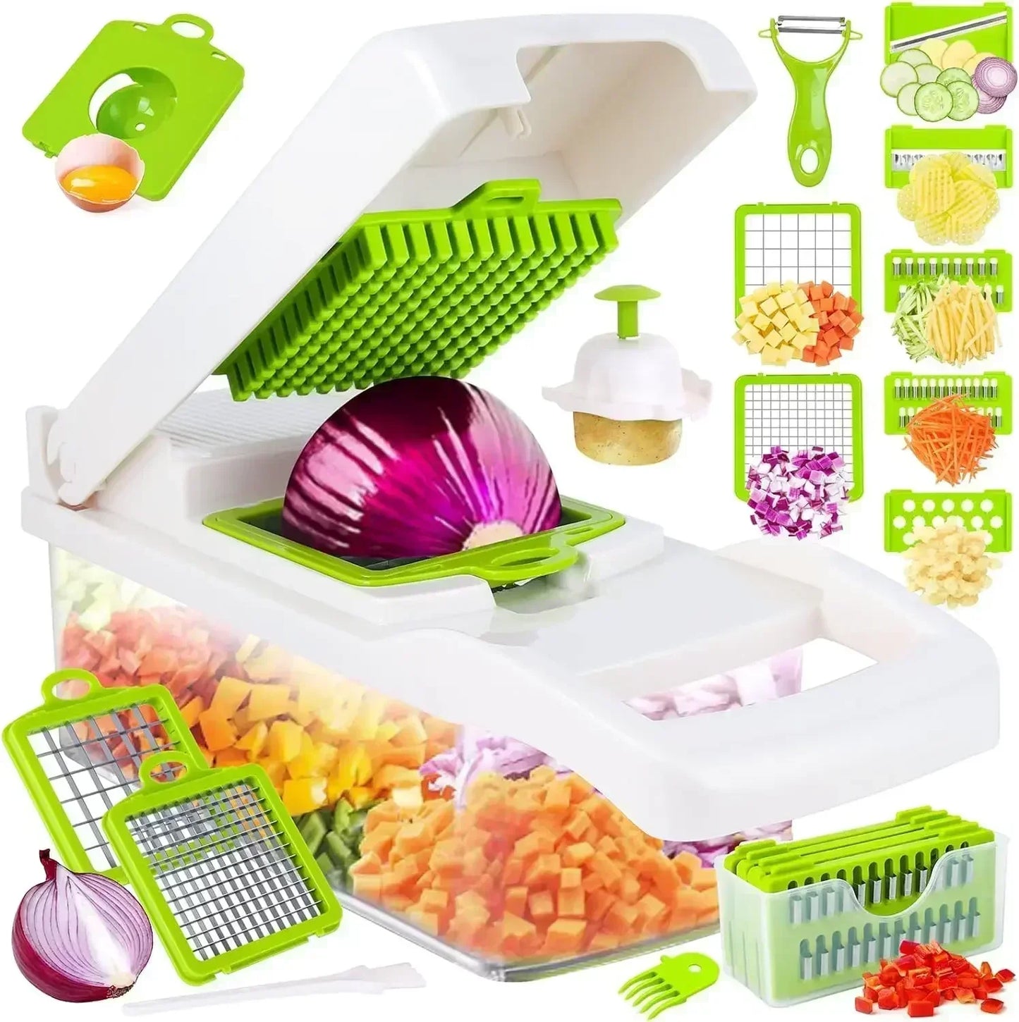 Cortador de vegetais multifuncional em 1, picador manual de alimentos, triturador de batata, fatiador de vegetais com recipiente, aparelho de cozinha