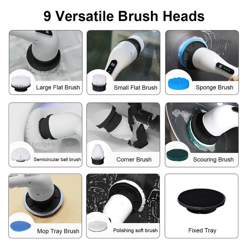 Escova elétrica de limpeza 9 em 1, sem fio, rotação doméstica, escova de limpeza