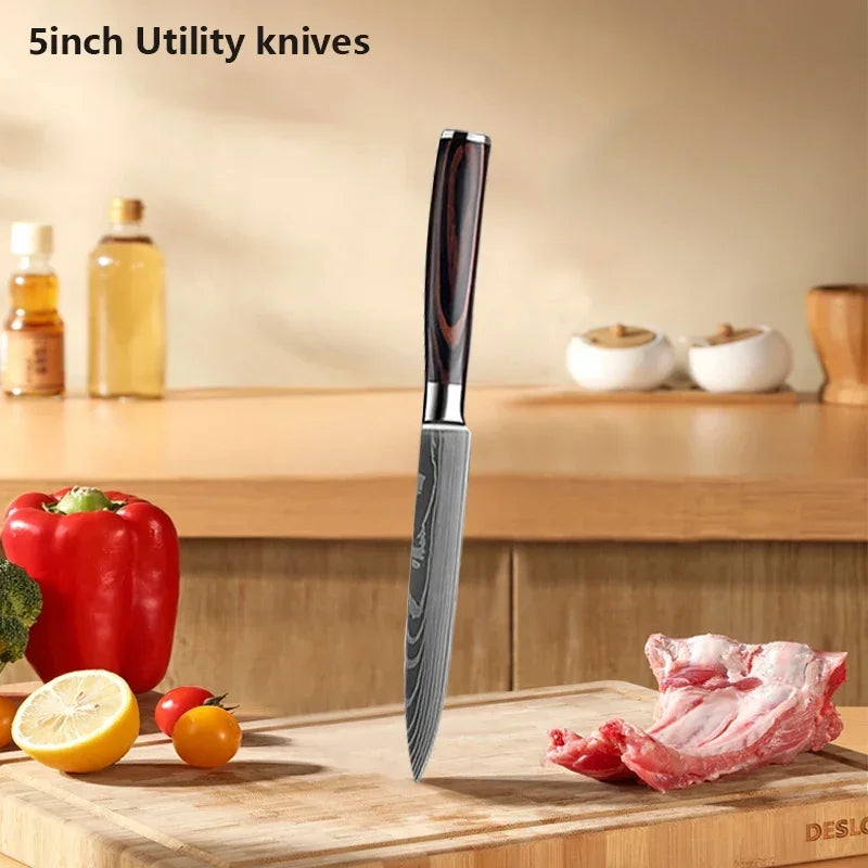 Facas de cozinha, Damasco faca do chef, conjunto profissional desossa, faca cutelo, faca utilitária japonês santoku, faca com capa
