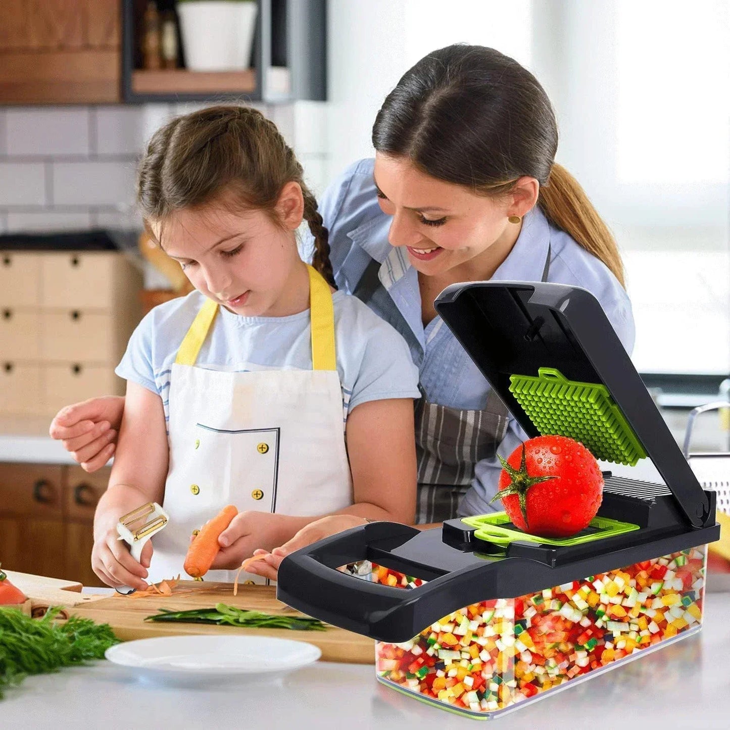 Cortador de vegetais multifuncional em 1, picador manual de alimentos, triturador de batata, fatiador de vegetais com recipiente, aparelho de cozinha