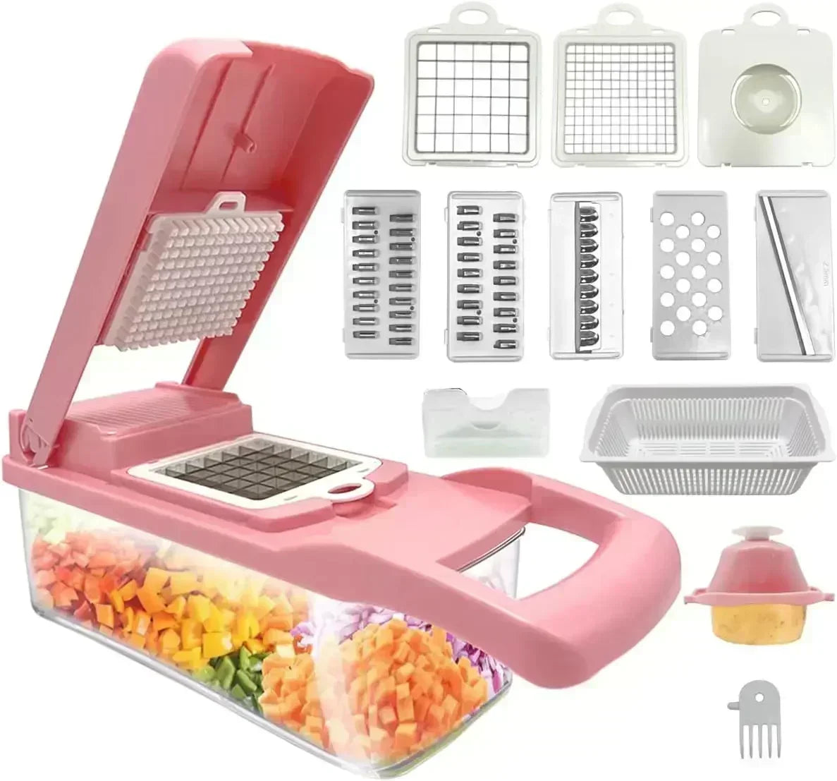 Cortador de vegetais multifuncional em 1, picador manual de alimentos, triturador de batata, fatiador de vegetais com recipiente, aparelho de cozinha