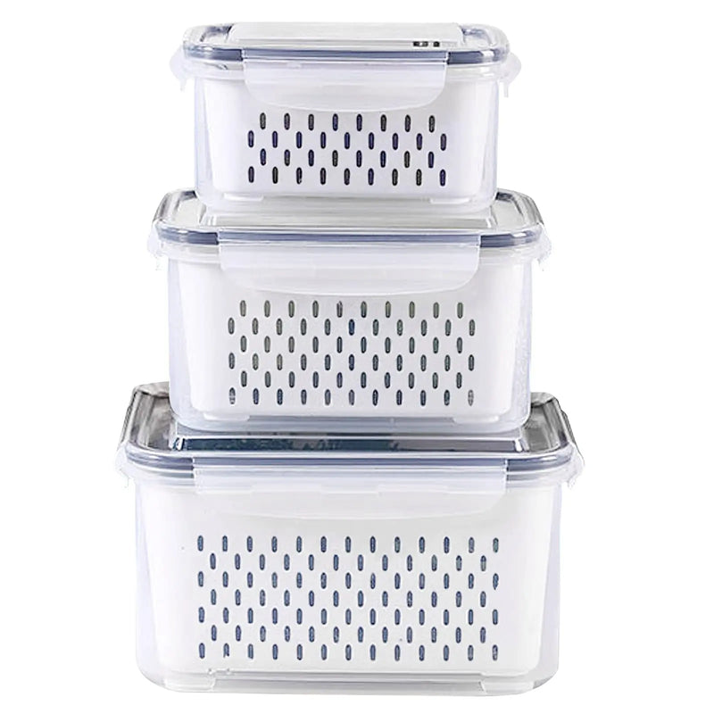 Conjunto de recipiente de armazenamento de alimentos para geladeira, 3 pacotes com tampas com filtro