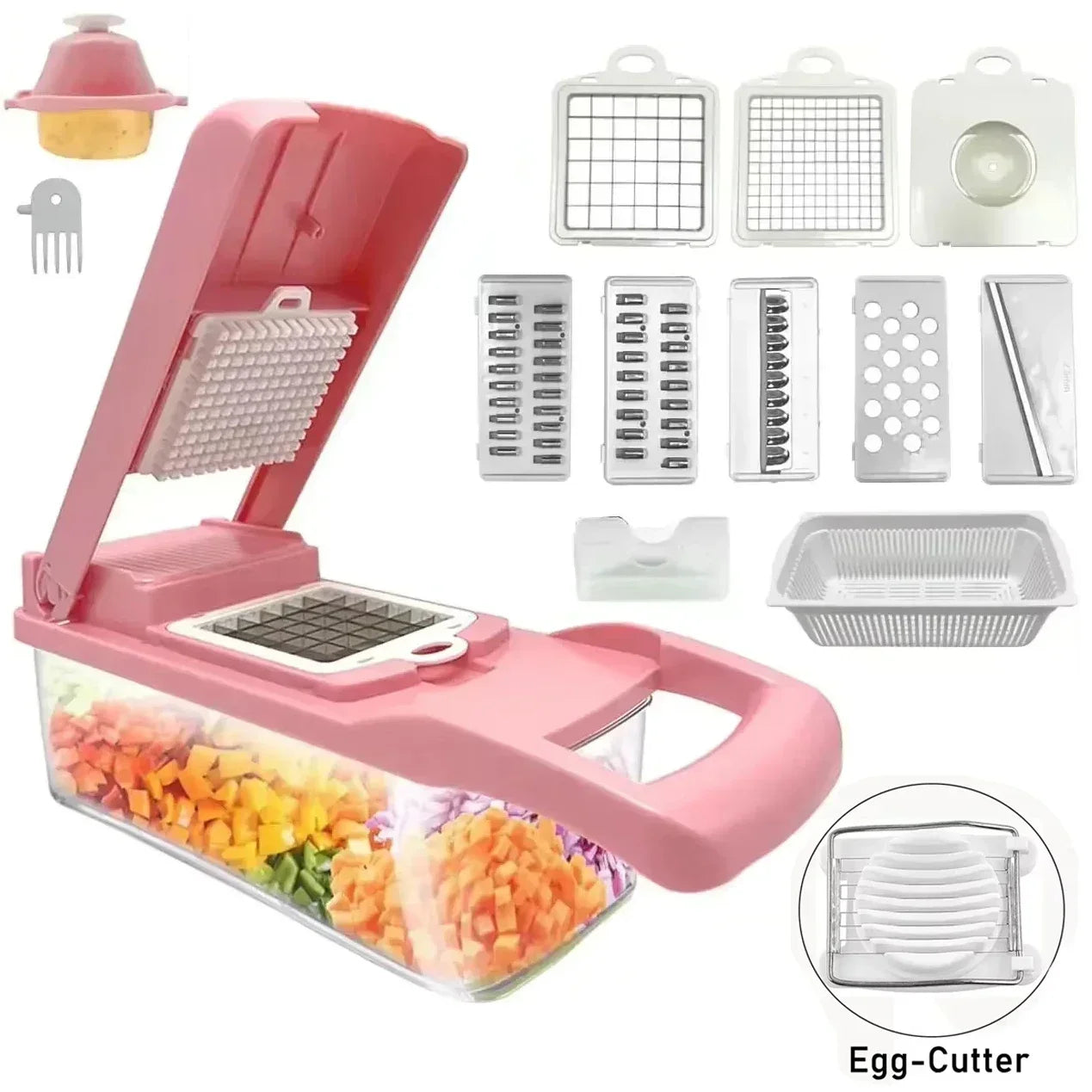 Cortador de vegetais multifuncional em 1, picador manual de alimentos, triturador de batata, fatiador de vegetais com recipiente, aparelho de cozinha