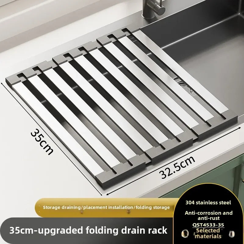 Rack de drenagem de pia de cozinha em aço inoxidável 304, tigela de pia e rack de armazenamento de pratos, cesta de drenagem dobrável e retrátil