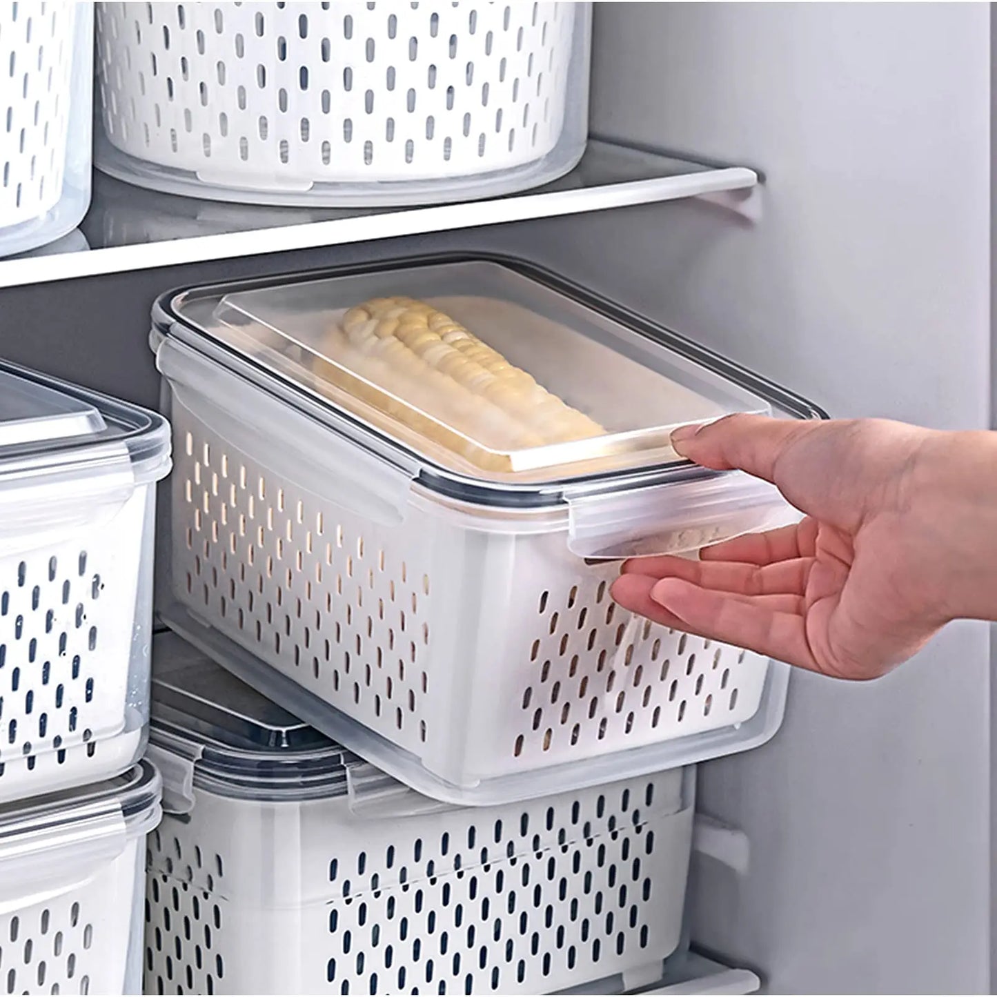 Conjunto de recipiente de armazenamento de alimentos para geladeira, 3 pacotes com tampas com filtro