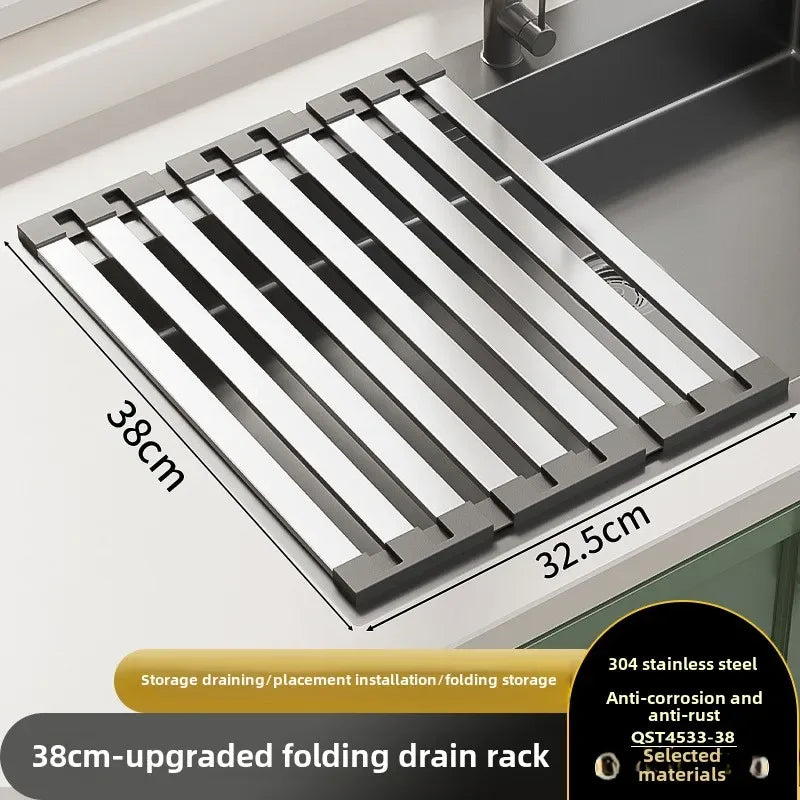 Rack de drenagem de pia de cozinha em aço inoxidável 304, tigela de pia e rack de armazenamento de pratos, cesta de drenagem dobrável e retrátil