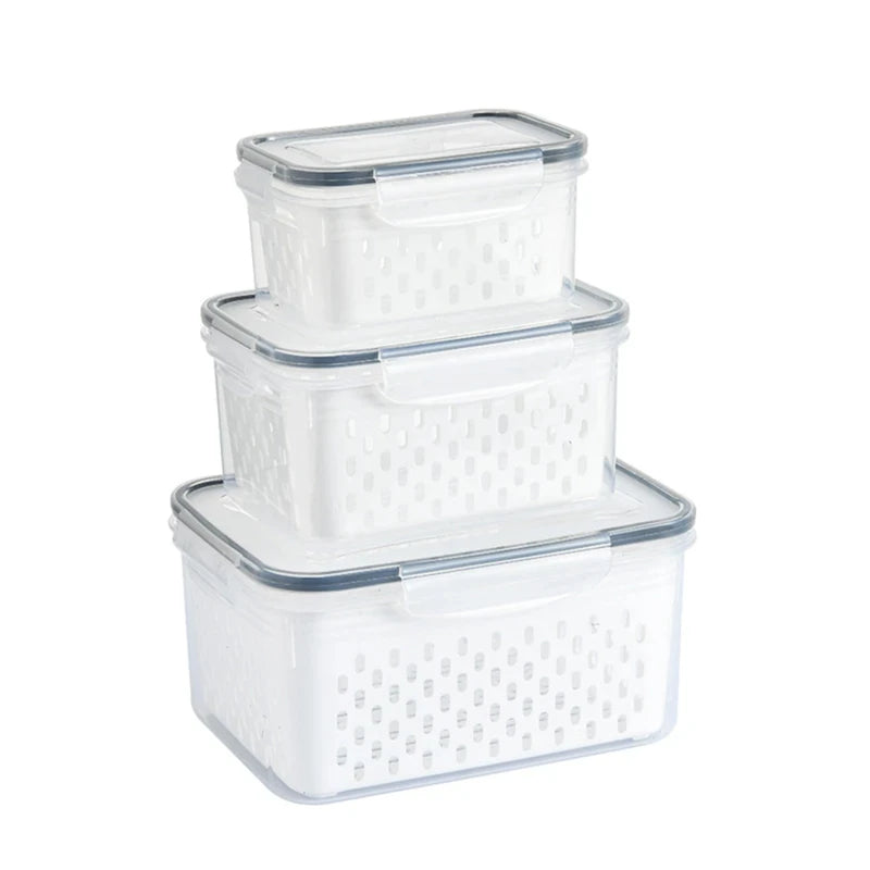 Conjunto de recipiente de armazenamento de alimentos para geladeira, 3 pacotes com tampas com filtro