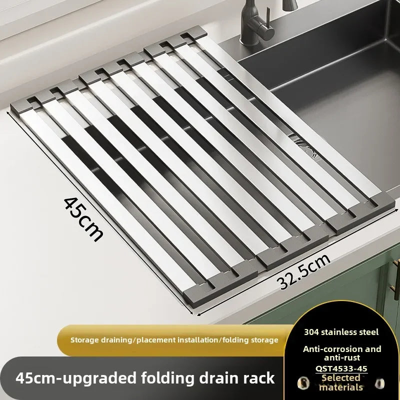 Rack de drenagem de pia de cozinha em aço inoxidável 304, tigela de pia e rack de armazenamento de pratos, cesta de drenagem dobrável e retrátil